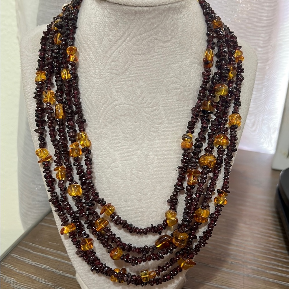 Multi-Strand Garnet & Amber Necklace with Sterling Silver Clasp